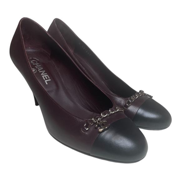 CHANEL Shoes - Chanel Bordeaux Leather Cap Toe Chain CC Charm Pumps 40